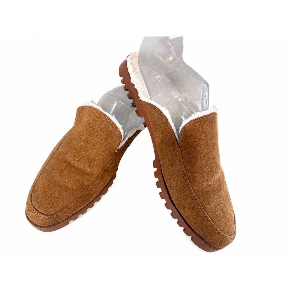 GAP Sherpa Backless Loafer Mules Womens 7 Cognac Brown Faux Suede Lug Sole